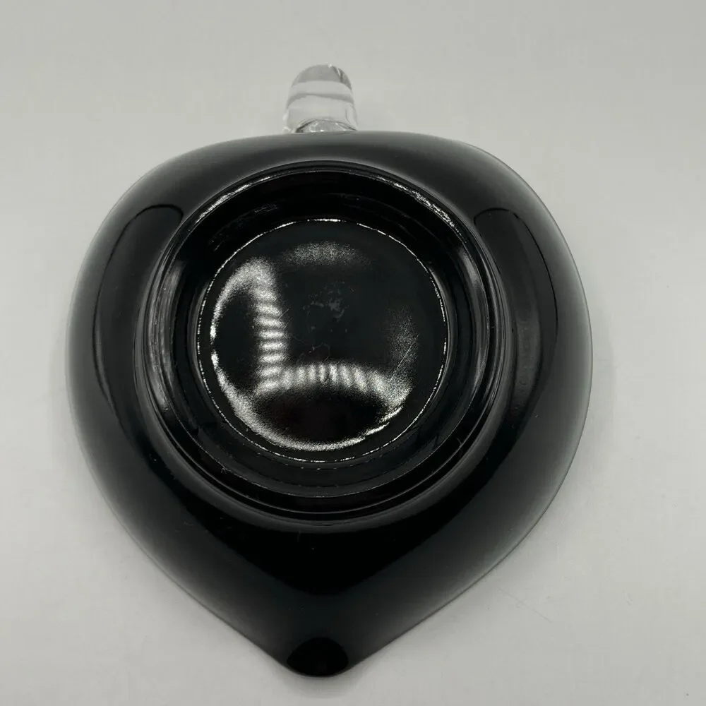 Vtg Black Glass Heart Candy Trinket Nappy Dish Applied Clear Loop Handle 6.25”